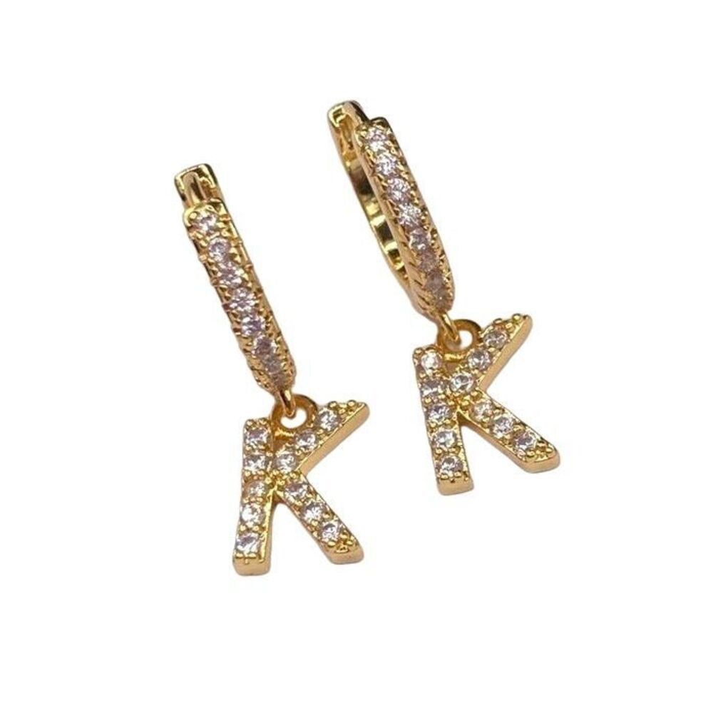 Gold Rhinestone Initial K Huggie Hoop Earrings